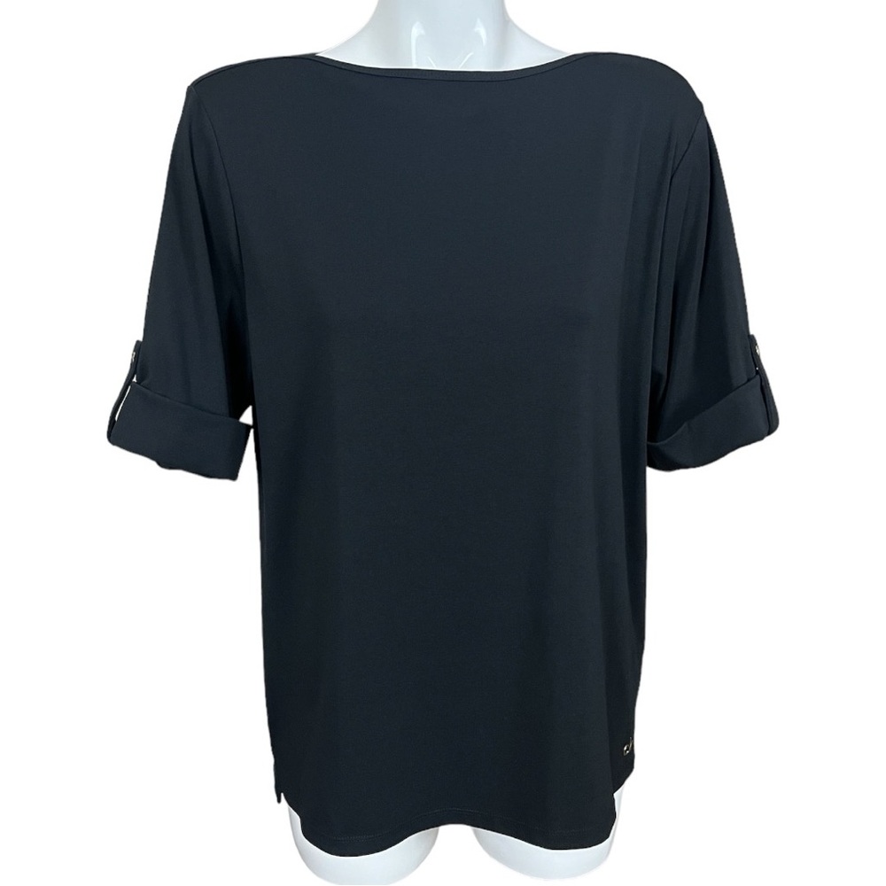 Calvin Klein Black Bateau Neck Rolled Cuff Stretch Knit Top XL NWOT